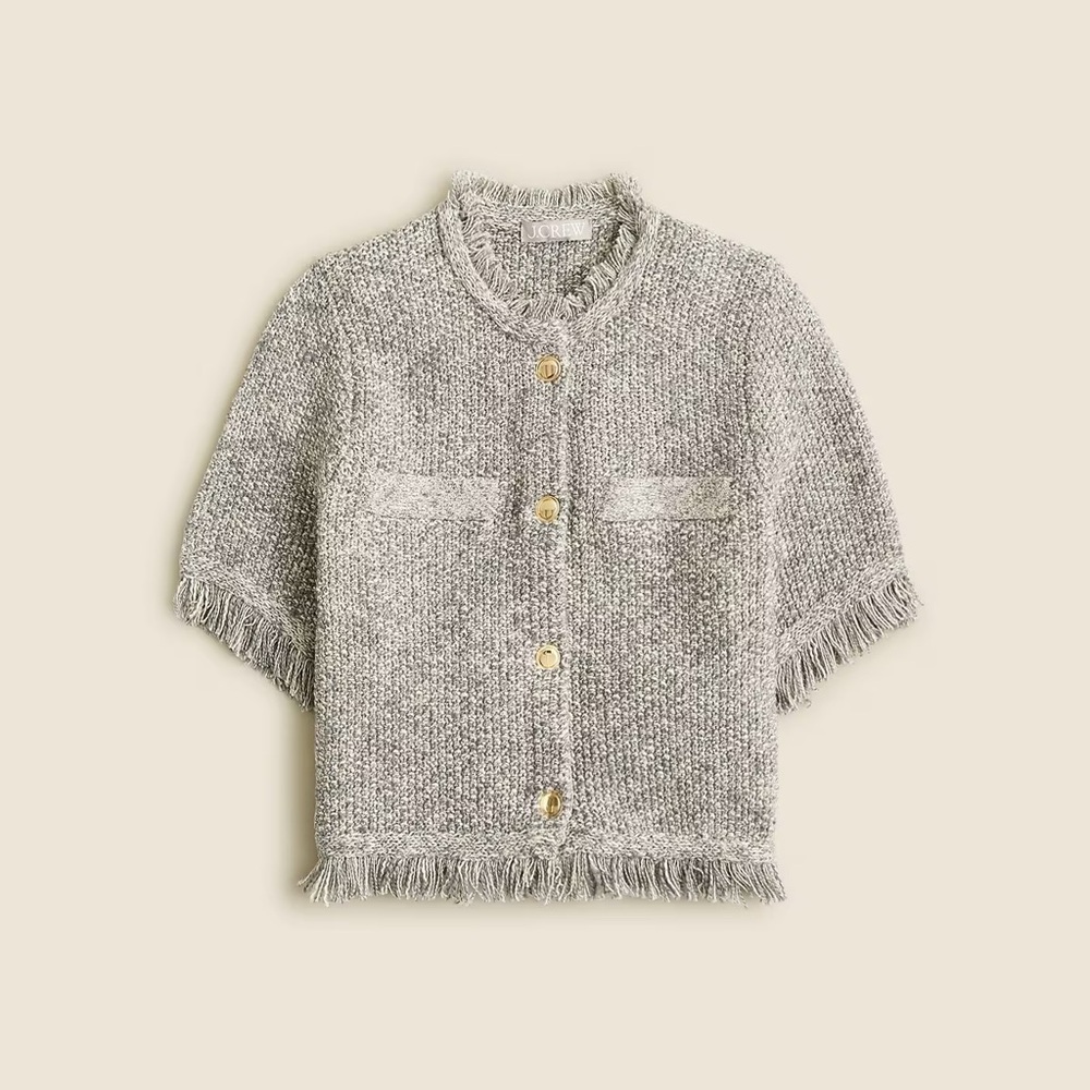 J Crew Cropped Fringe-trim Lady Jacket in Marled Yarn (S)